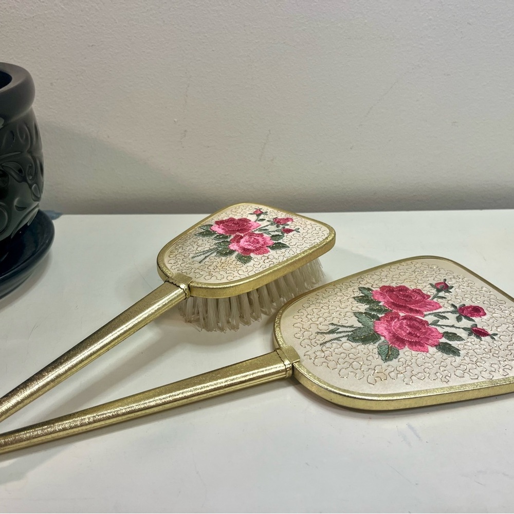 Vintage Gold Toned and Pink Embroidered Floral Dressing Table Vanity Brush Set